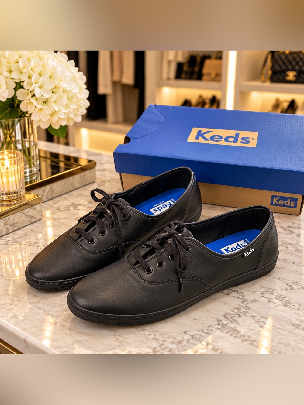 Keds women’s  Black champion Leather Lace-Up Sneakers 10